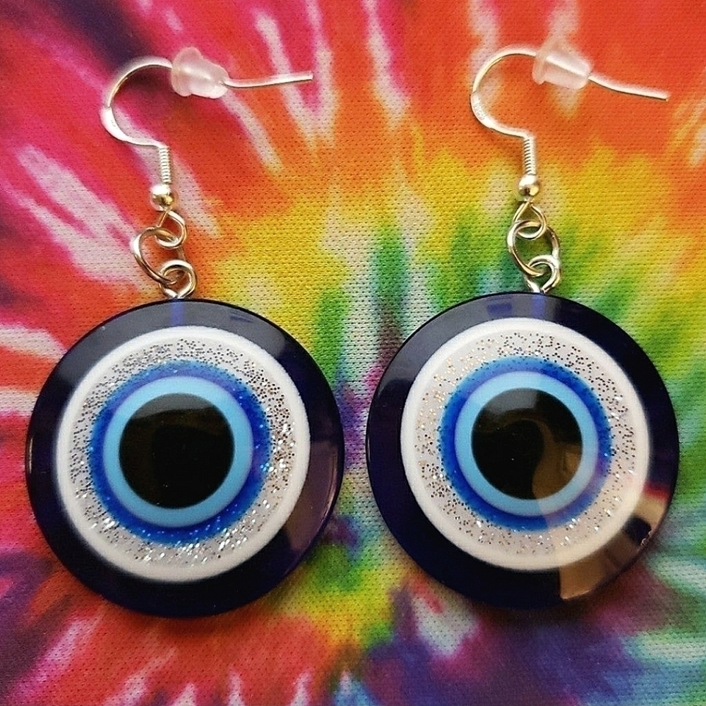 Handmade Resin Blue Glitter Evil Eye Earrings
